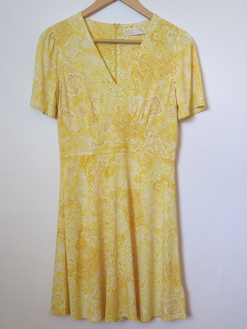 Michael Kors Yellow Paisley V-Neck Mini Dress